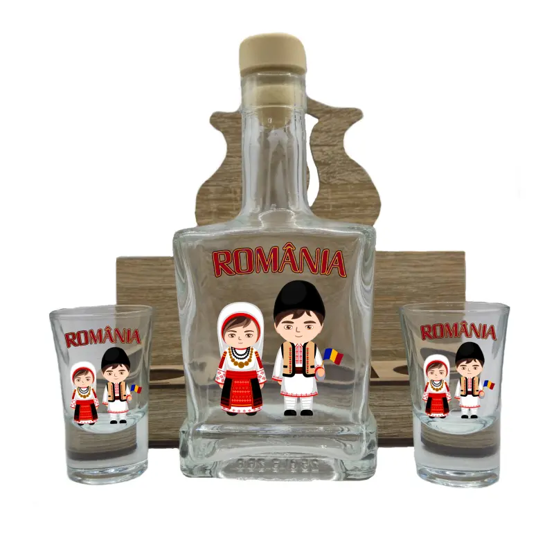Port popular tarani, romania, suport din lemn cu sticla si 2 pahare, model hgs057
